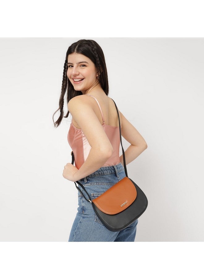 Fastrack Double Compartment Sling Bag For Women | Faux Leather Sling Bag With Magnetic Button Closure | Adjustable Shoulder Strap | Trendy Crossbody Bag For Girls | Trendy Handbags, Tan - Image 2