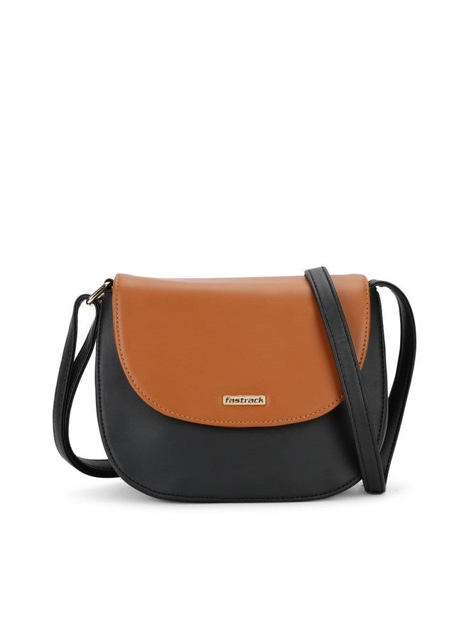 Fastrack Double Compartment Sling Bag For Women | Faux Leather Sling Bag With Magnetic Button Closure | Adjustable Shoulder Strap | Trendy Crossbody Bag For Girls | Trendy Handbags, Tan - Image 1
