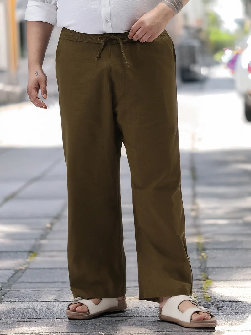 Urbano Plus Men's Khaki Loose Fit Solid Linen Blend Trousers Non-Stretchable