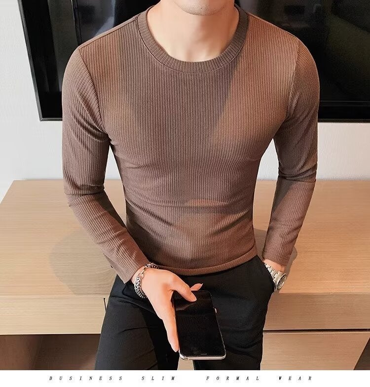 New High-End Sense Elastic Arc Bottom Pinstripe Slim Long-Sleeved T-Shirt Men'S Dark Stripe Crewneck Base Shirt - Image 1