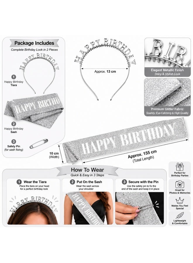 Silver Happy Birthday Party Set for Women & Girls – Glitter Birthday Sash, Happy Birthday Tiara Headband & Safety Pin – Birthday Decorations - Image 3