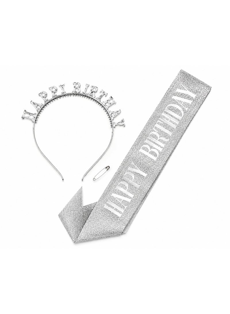 Silver Happy Birthday Party Set for Women & Girls – Glitter Birthday Sash, Happy Birthday Tiara Headband & Safety Pin – Birthday Decorations - Image 1