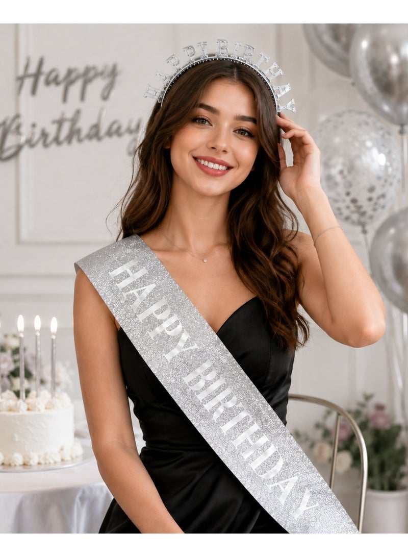 Silver Happy Birthday Party Set for Women & Girls – Glitter Birthday Sash, Happy Birthday Tiara Headband & Safety Pin – Birthday Decorations - Image 2
