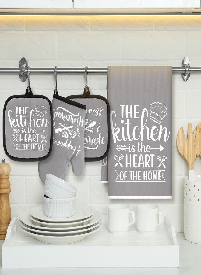 Sratte 6 Pcs Kitchen Decor Accessories Set Farmhouse Towels Pot Holders Oven Mitts Set 2 Dish Towels 2 Potholders 2 Cooking Mittens Oven Glove for Baking Cooking Supply(Gray,Kitchen) - Image 3