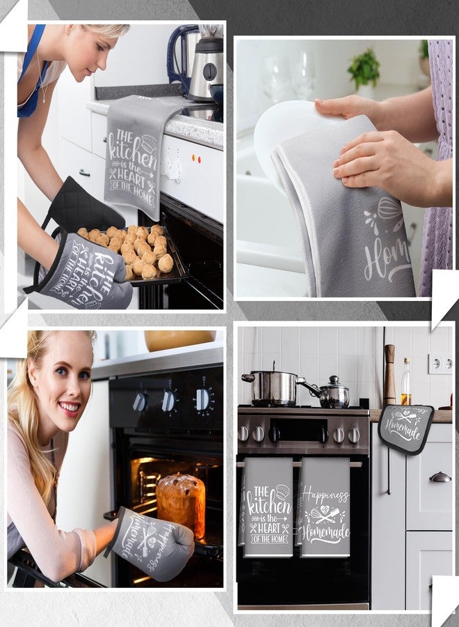 Sratte 6 Pcs Kitchen Decor Accessories Set Farmhouse Towels Pot Holders Oven Mitts Set 2 Dish Towels 2 Potholders 2 Cooking Mittens Oven Glove for Baking Cooking Supply(Gray,Kitchen) - Image 5