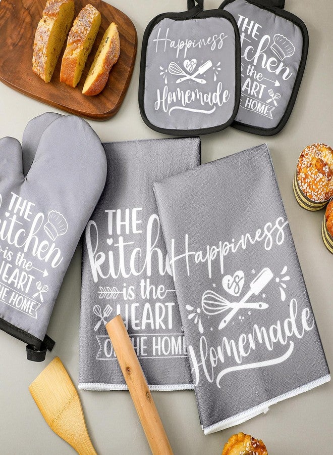 Sratte 6 Pcs Kitchen Decor Accessories Set Farmhouse Towels Pot Holders Oven Mitts Set 2 Dish Towels 2 Potholders 2 Cooking Mittens Oven Glove for Baking Cooking Supply(Gray,Kitchen) - Image 2