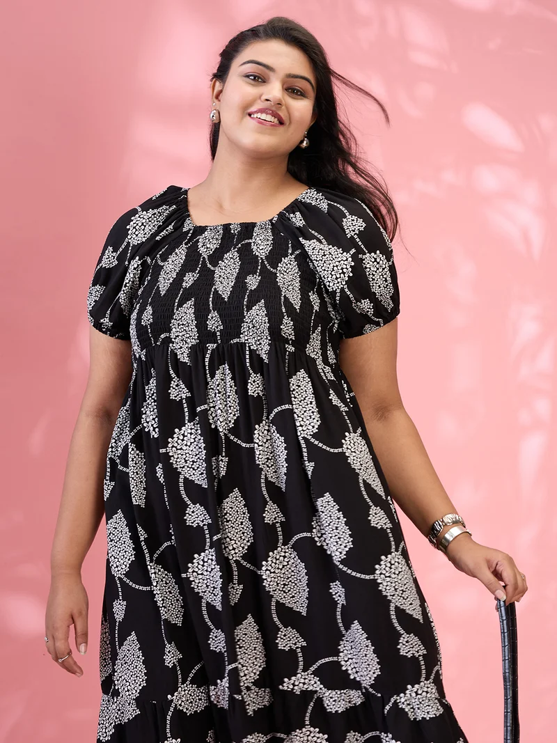 globus Gloplus Women Black Square Neck Puff Sleeves Floral Print Smocked Tiered Plus Size Fit & Flare Midi Dress