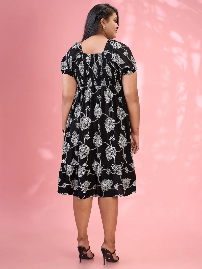 globus Gloplus Women Black Square Neck Puff Sleeves Floral Print Smocked Tiered Plus Size Fit & Flare Midi Dress