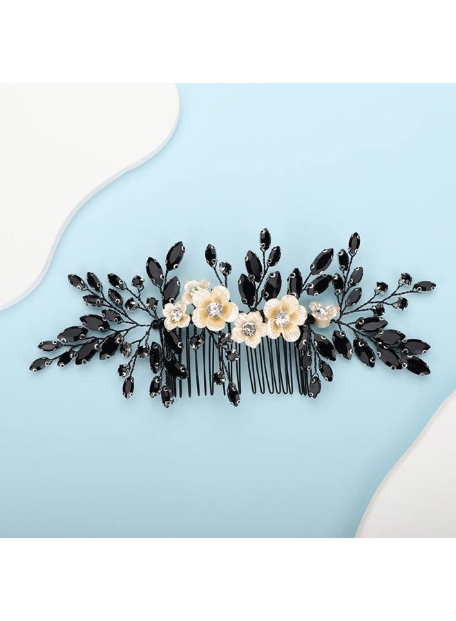 BERYUAN Bridal White Flower Black Crystal Rhinestone Hair Comb for Bride Bridesmaid Sliding side Headpieces Wedding Hair Accessories for Women and Girls (Black) - Image 1