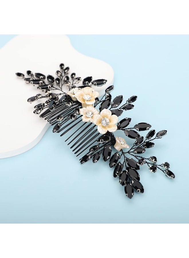 BERYUAN Bridal White Flower Black Crystal Rhinestone Hair Comb for Bride Bridesmaid Sliding side Headpieces Wedding Hair Accessories for Women and Girls (Black) - Image 3