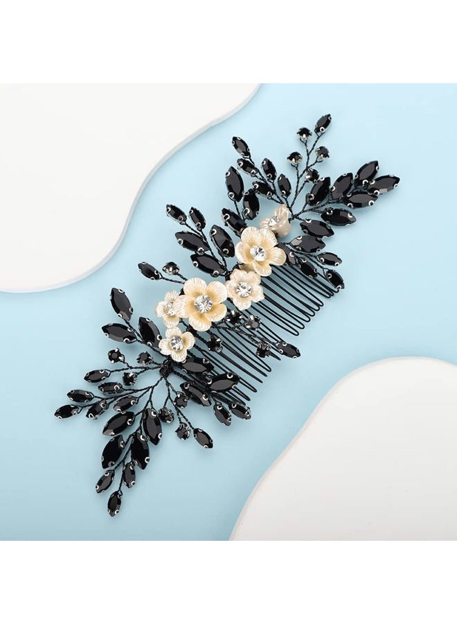 BERYUAN Bridal White Flower Black Crystal Rhinestone Hair Comb for Bride Bridesmaid Sliding side Headpieces Wedding Hair Accessories for Women and Girls (Black) - Image 2