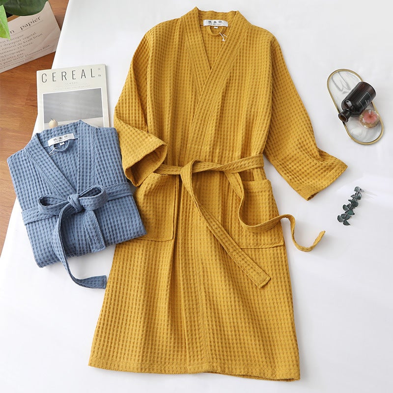 Generic Pure Cotton Waffle Robe Lightweight Spring Summer Dark green 
