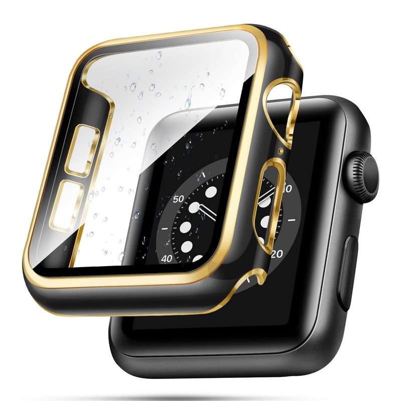 top4cus 41mm Case Compatible with Apple Watch, with Built-in Tempered Glass Screen Protector, PC Cover for iWatch Series 9/8/7/SE 2rd SE 6 5 4/3 2 for Choice (41mm, Black + Gold Edge) - Image 1