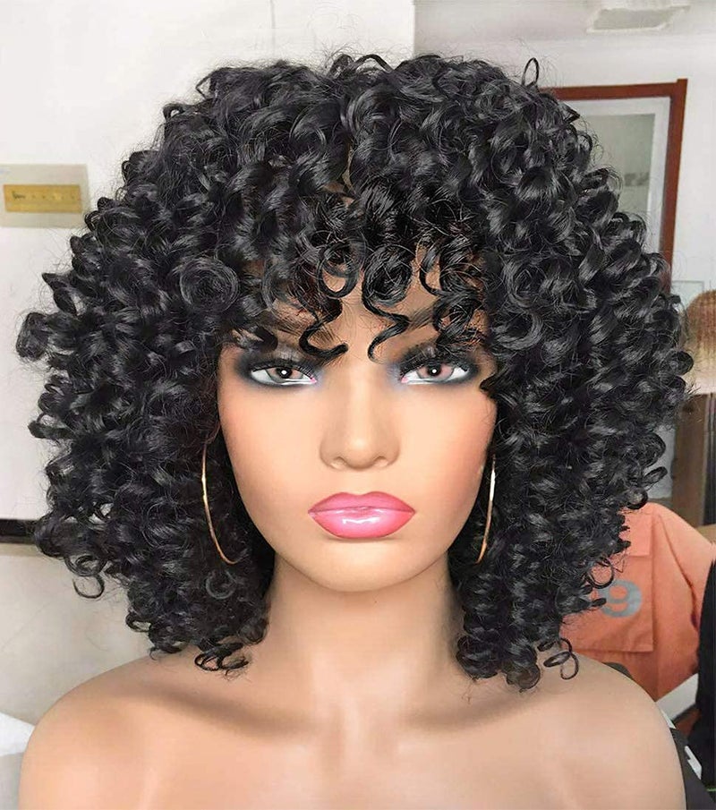 ANNIVIA Curly Afro Wig with Bangs Short Kinky Curly Wigs for Black Women Synthetic Fiber Soft Hair Short Curly Afro Wig Black