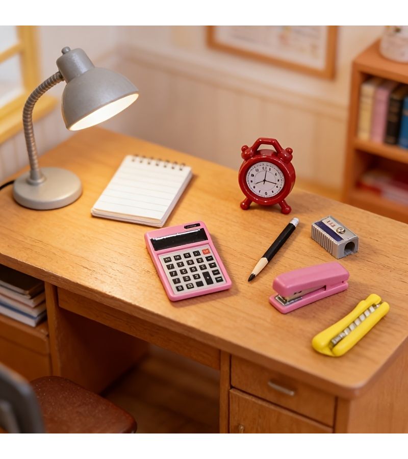 17pcs Set 1 12 Scale Dollhouse Miniature Capybara Themed Stationery Set Includes 4 Rulers 2 Pencils 2 Notebooks Pencil Case Alarm Clock Glue Bottle Stapler Cutter Eraser Compass Fake Phone And Calculator Models Exquisite Workmanship - Image 5