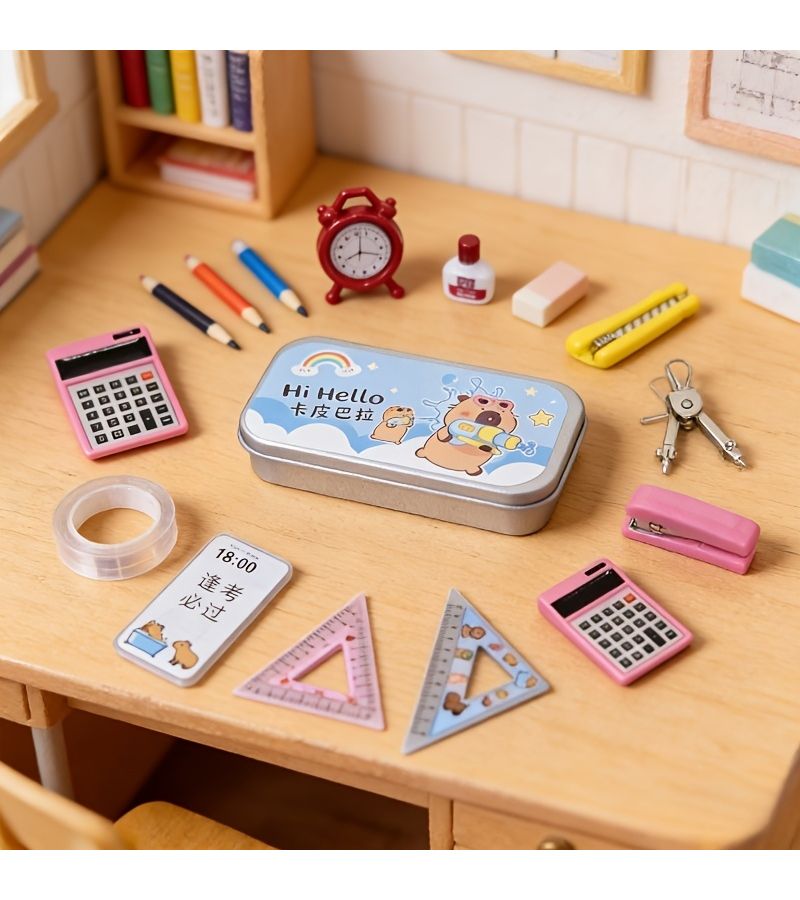 17pcs Set 1 12 Scale Dollhouse Miniature Capybara Themed Stationery Set Includes 4 Rulers 2 Pencils 2 Notebooks Pencil Case Alarm Clock Glue Bottle Stapler Cutter Eraser Compass Fake Phone And Calculator Models Exquisite Workmanship - Image 1