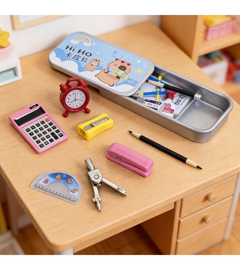 17pcs Set 1 12 Scale Dollhouse Miniature Capybara Themed Stationery Set Includes 4 Rulers 2 Pencils 2 Notebooks Pencil Case Alarm Clock Glue Bottle Stapler Cutter Eraser Compass Fake Phone And Calculator Models Exquisite Workmanship - Image 2