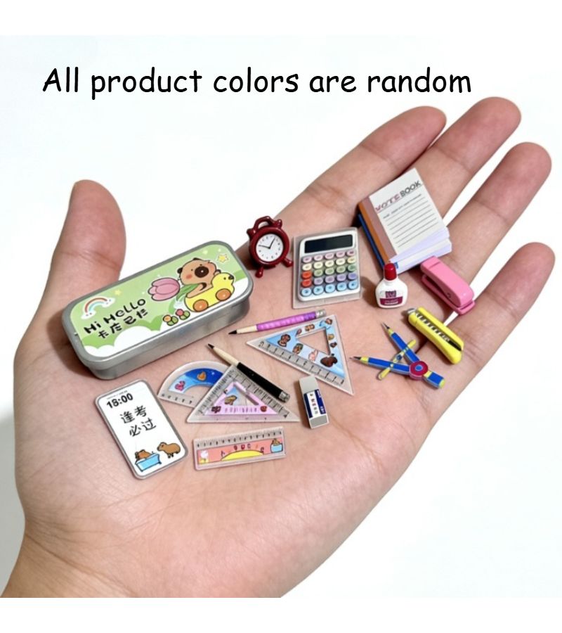 17pcs Set 1 12 Scale Dollhouse Miniature Capybara Themed Stationery Set Includes 4 Rulers 2 Pencils 2 Notebooks Pencil Case Alarm Clock Glue Bottle Stapler Cutter Eraser Compass Fake Phone And Calculator Models Exquisite Workmanship - Image 4