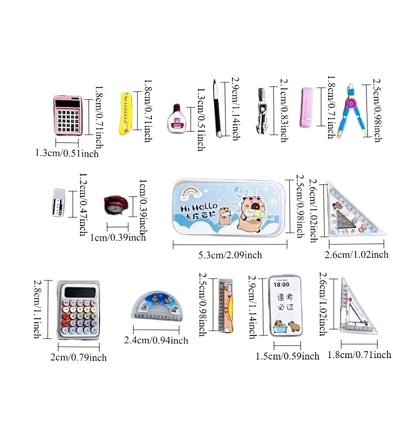 17pcs Set 1 12 Scale Dollhouse Miniature Capybara Themed Stationery Set Includes 4 Rulers 2 Pencils 2 Notebooks Pencil Case Alarm Clock Glue Bottle Stapler Cutter Eraser Compass Fake Phone And Calculator Models Exquisite Workmanship - Image 3