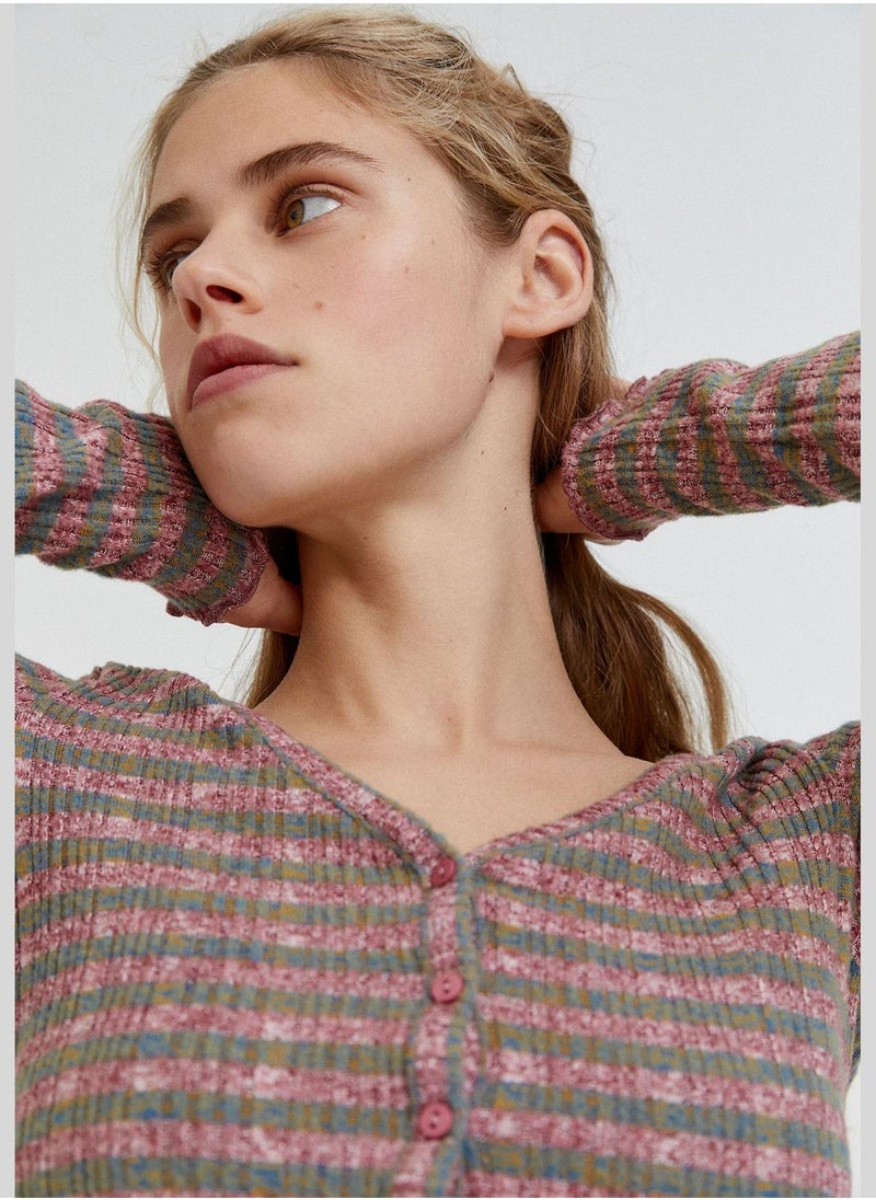 PULL&BEAR Striped soft touch V-neck cardigan  - Image 3