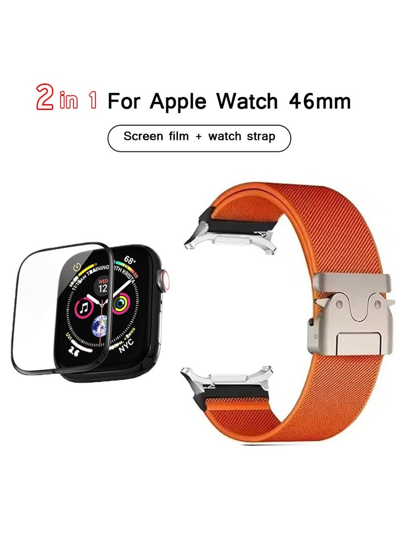 2 in 1 Sport Band+Screen Flim for Apple Watch S10/S11 46mm Men Women, Adjustable Parachute Buckle Nylon Fabric Wristband Accessories-Orange - Image 1