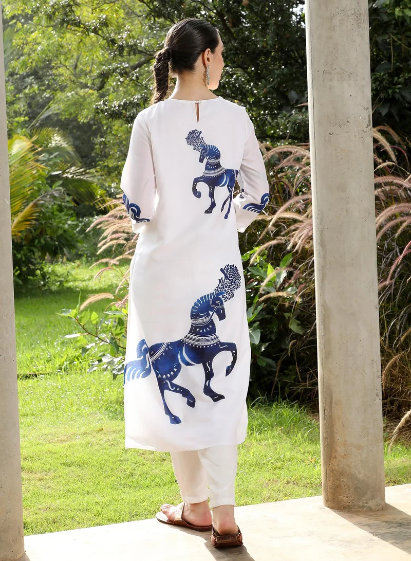 Qissa  Women's Chariot-Block Kurta Set For Ethnic Wear | Round Neck, Quarter Regular Sleeves | Graphic Print Plain Woven Fabric | 2 Piece Kurta Set Designed For Casual & Daily Wear | Navy Blue for Women | Best Price UAE