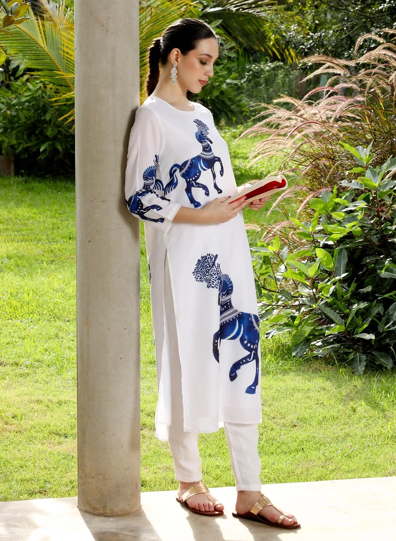 Qissa  Women's Chariot-Block Kurta Set For Ethnic Wear | Round Neck, Quarter Regular Sleeves | Graphic Print Plain Woven Fabric | 2 Piece Kurta Set Designed For Casual & Daily Wear | Navy Blue for Women | Best Price UAE