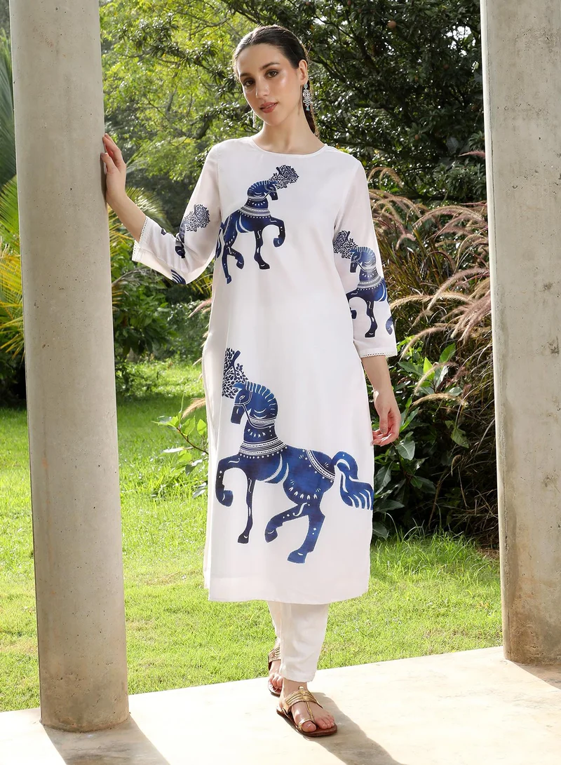  قصة Women's Chariot-Block Kurta Set For Ethnic Wear | Round Neck, Quarter Regular Sleeves | Graphic Print Plain Woven Fabric | 2 Piece Kurta Set Designed For Casual & Daily Wear | Navy Blue