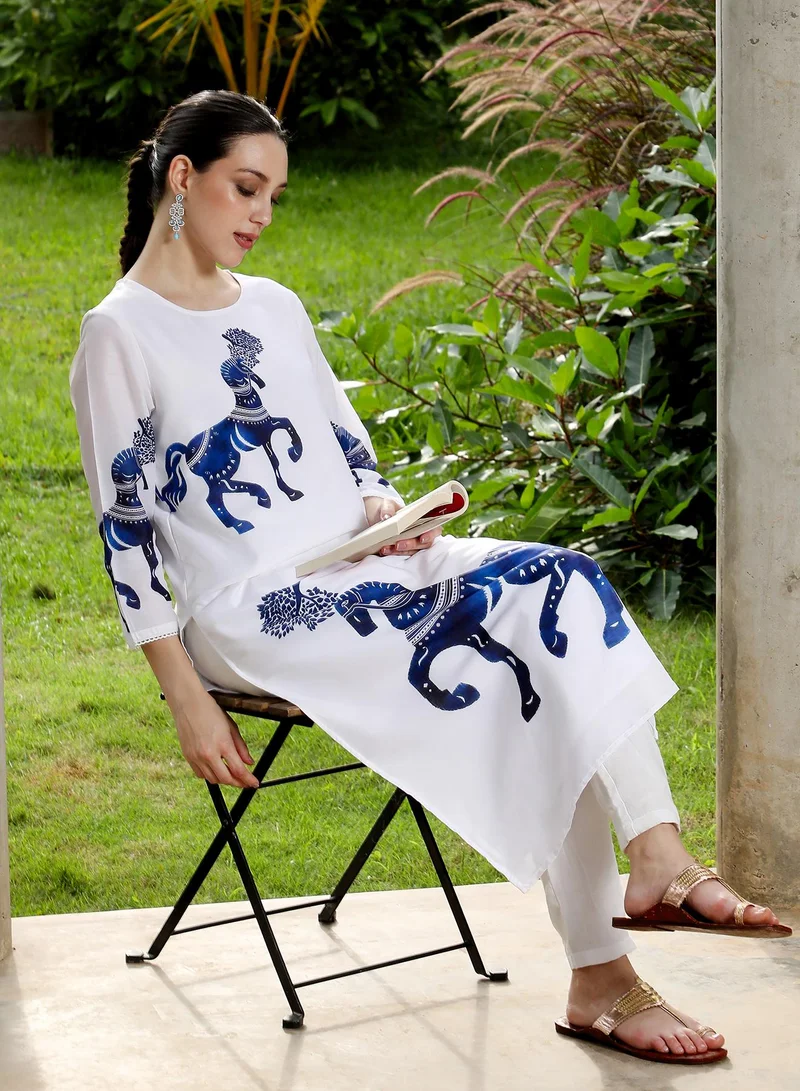 Qissa  Women's Chariot-Block Kurta Set For Ethnic Wear | Round Neck, Quarter Regular Sleeves | Graphic Print Plain Woven Fabric | 2 Piece Kurta Set Designed For Casual & Daily Wear | Navy Blue for Women | Best Price UAE