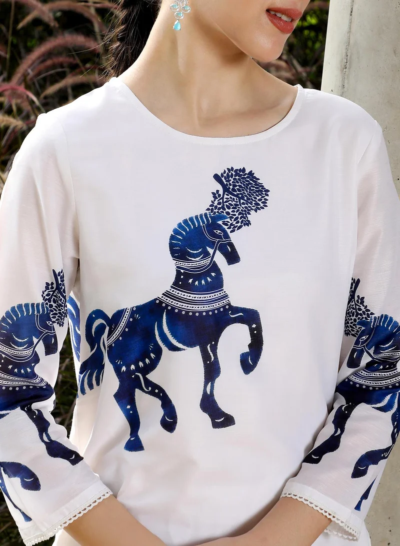 Qissa  Women's Chariot-Block Kurta Set For Ethnic Wear | Round Neck, Quarter Regular Sleeves | Graphic Print Plain Woven Fabric | 2 Piece Kurta Set Designed For Casual & Daily Wear | Navy Blue for Women | Best Price UAE