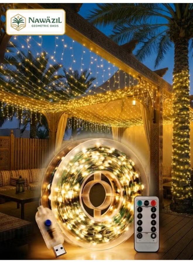 Nawāzīl 20M 200 LED String Fairy Lights with Storage Reel USB Powered 8 Modes Warm White for Garden & Majlis - Image 1