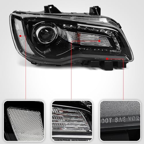 VLINCAR Projector Headlight Assembly Compatible with 2015 2016 2017 Chrysler 300 Halogen Headlamp with Bulbs w/LED DRL Black Housing & Clear Reflector Right Passenger Side - Image 4