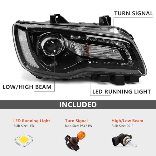 VLINCAR Projector Headlight Assembly Compatible with 2015 2016 2017 Chrysler 300 Halogen Headlamp with Bulbs w/LED DRL Black Housing & Clear Reflector Right Passenger Side - Image 3
