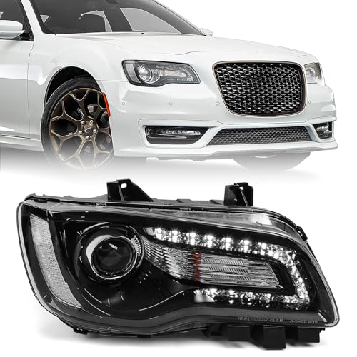VLINCAR Projector Headlight Assembly Compatible with 2015 2016 2017 Chrysler 300 Halogen Headlamp with Bulbs w/LED DRL Black Housing & Clear Reflector Right Passenger Side - Image 1