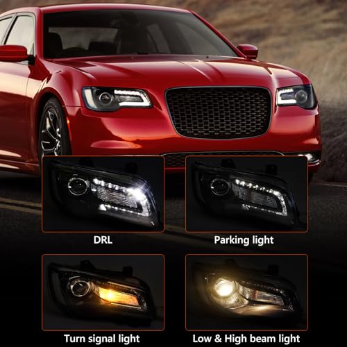 VLINCAR Projector Headlight Assembly Compatible with 2015 2016 2017 Chrysler 300 Halogen Headlamp with Bulbs w/LED DRL Black Housing & Clear Reflector Right Passenger Side - Image 2