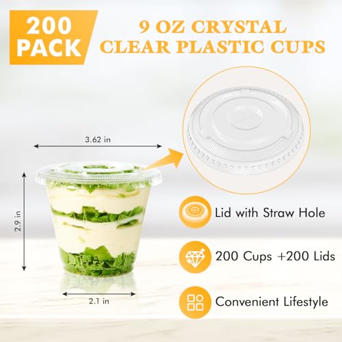 Vplus 200 Pack 9 OZ PET Plastic Cups with Flat Lids, Crystal Disposable Plastic Cups For Parfait, Fruit, Desserts, Snacks, Yogurt, and Jelly - Image 2