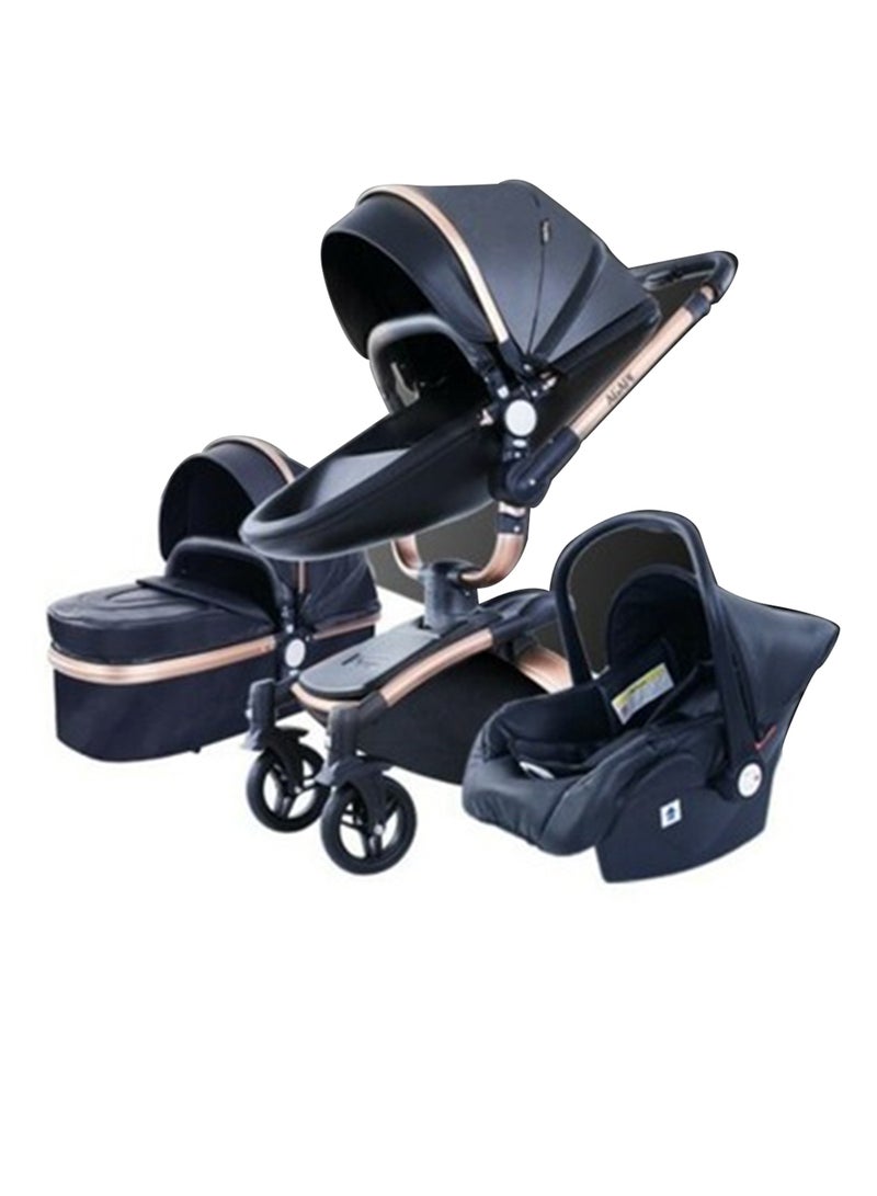 Baby Life عربة أطفال فاخرة 3 في 1 بإطار ذهبي - Image 1