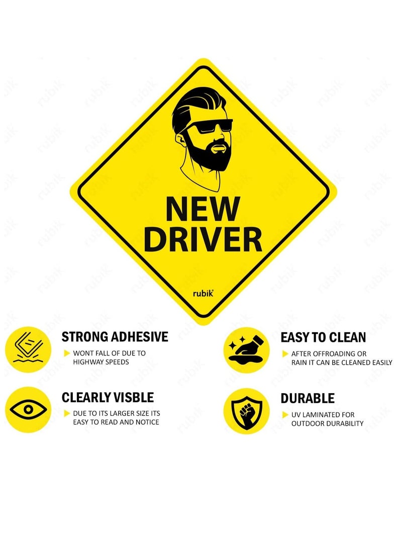Rubik - New Driver Car Sign Self Adhesive Sticker, Reflective Removable for Beginners Car SUV Van Men Drivers (Size 12cm x 12cm) - Image 1