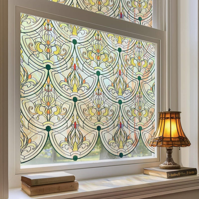 ADD.HERES 3D Stained Glass Window Film, Decorative Window Privacy Film for Bathroom,Front Door,Home, Sun Blocking Heat Control,Static Cling, Golden Ironwork 17.5inch x 47.24inch - Image 1