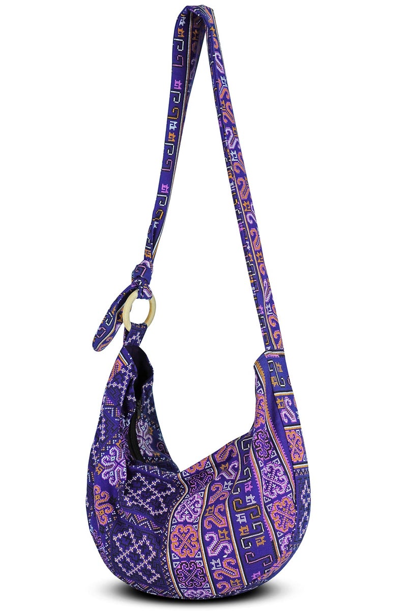 Your Cozy Hobo Crossbody Bag for Women â€“ Handmade Cotton Boho Purse with Wooden Ring | Lightweight Slouchy Shoulder Sling Tote Bag (Tribe_Blue) - Image 1