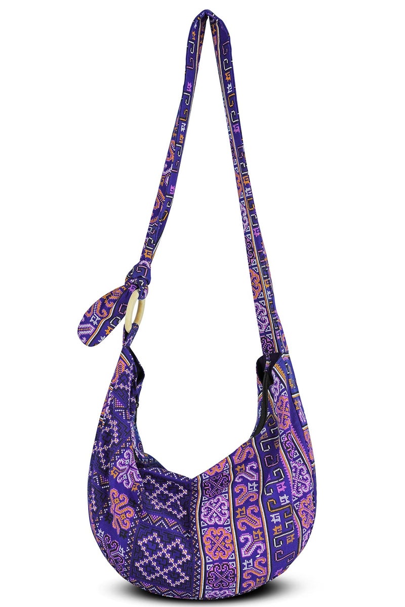 Your Cozy Hobo Crossbody Bag for Women â€“ Handmade Cotton Boho Purse with Wooden Ring | Lightweight Slouchy Shoulder Sling Tote Bag (Tribe_Blue) - Image 4