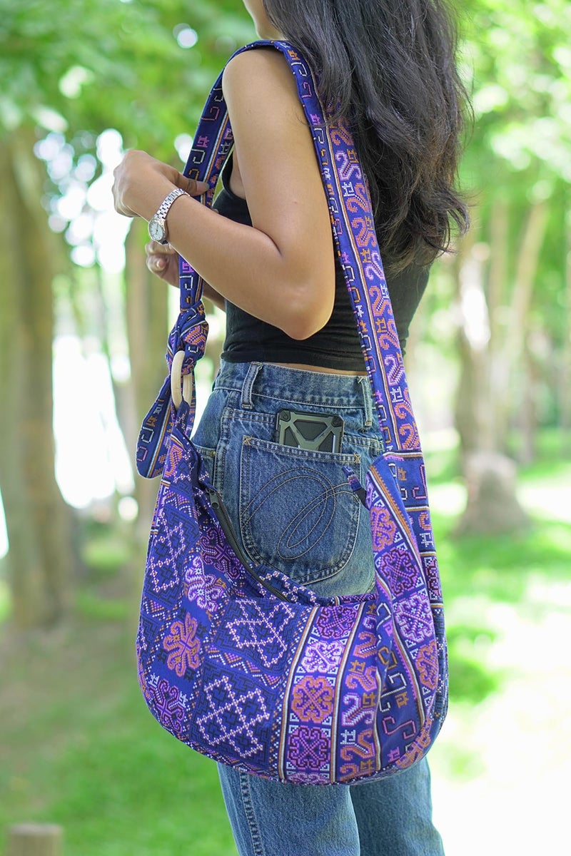 Your Cozy Hobo Crossbody Bag for Women â€“ Handmade Cotton Boho Purse with Wooden Ring | Lightweight Slouchy Shoulder Sling Tote Bag (Tribe_Blue) - Image 3