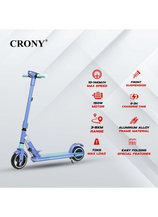 Crony - JL019 Kids E-Scooter 150W Motor, 10-14KM/H Speed, 24V/2.5AH Battery, 5-8KM Range, LED Display, 7-Inch Non-Flat Tires, Lightweight & Portable, Easy Folding, Durable Aluminum Alloy Frame, Up to 60KG Capacity, LED Lights, Mobile Phone Holder, Ideal for Ages 6-12, Comfortable Ride, Perfect Gift for Children, Great for Short Commuting, 2-3H Charging Time，Blue - Image 1