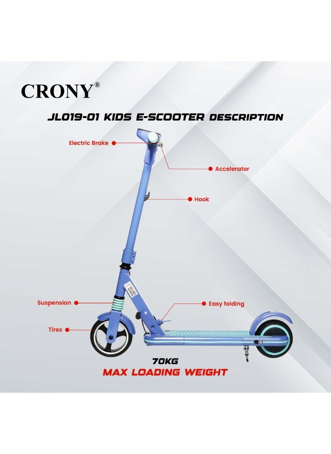 Crony - JL019 Kids E-Scooter 150W Motor, 10-14KM/H Speed, 24V/2.5AH Battery, 5-8KM Range, LED Display, 7-Inch Non-Flat Tires, Lightweight & Portable, Easy Folding, Durable Aluminum Alloy Frame, Up to 60KG Capacity, LED Lights, Mobile Phone Holder, Ideal for Ages 6-12, Comfortable Ride, Perfect Gift for Children, Great for Short Commuting, 2-3H Charging Time，Blue - Image 1