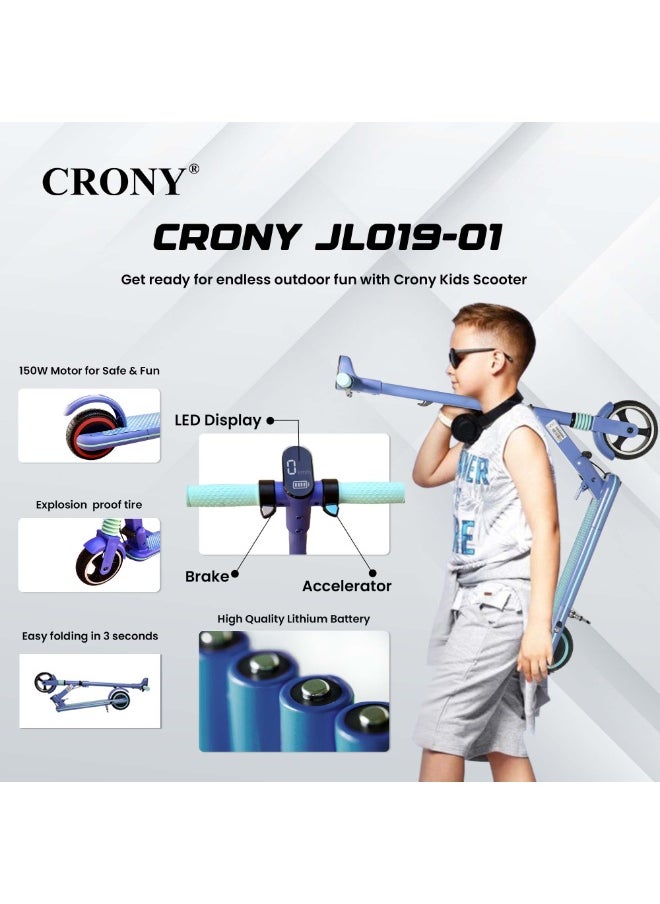Crony - JL019 Kids E-Scooter 150W Motor, 10-14KM/H Speed, 24V/2.5AH Battery, 5-8KM Range, LED Display, 7-Inch Non-Flat Tires, Lightweight & Portable, Easy Folding, Durable Aluminum Alloy Frame, Up to 60KG Capacity, LED Lights, Mobile Phone Holder, Ideal for Ages 6-12, Comfortable Ride, Perfect Gift for Children, Great for Short Commuting, 2-3H Charging Time，Blue - Image 1