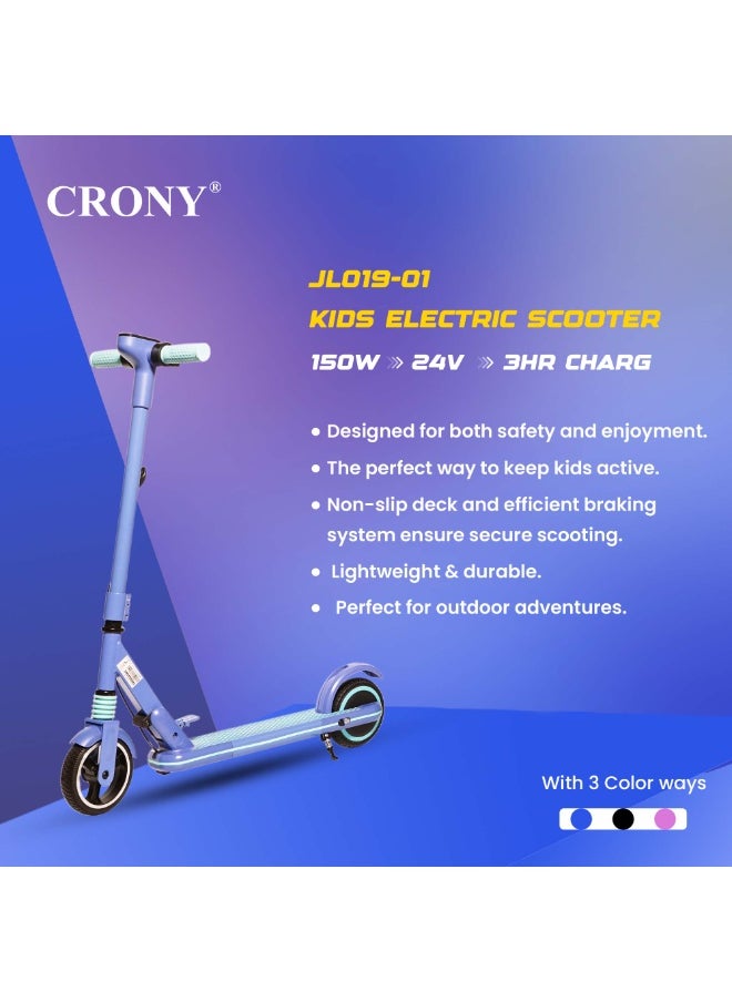 Crony - JL019 Kids E-Scooter 150W Motor, 10-14KM/H Speed, 24V/2.5AH Battery, 5-8KM Range, LED Display, 7-Inch Non-Flat Tires, Lightweight & Portable, Easy Folding, Durable Aluminum Alloy Frame, Up to 60KG Capacity, LED Lights, Mobile Phone Holder, Ideal for Ages 6-12, Comfortable Ride, Perfect Gift for Children, Great for Short Commuting, 2-3H Charging Time，Blue - Image 1