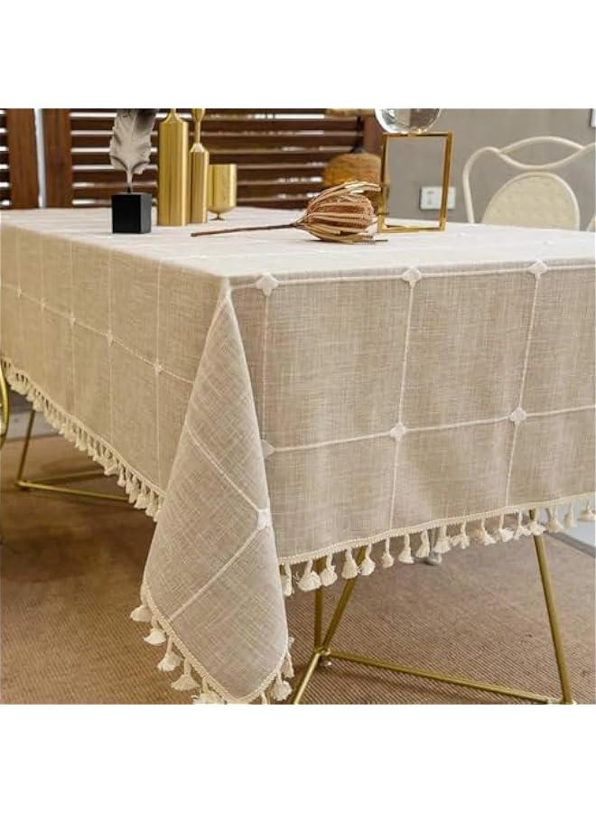 MIXDE Tablecloths, Embroidered Checkered Table Cloth Cotton Linen Wrinkle Free Anti-Fading Table Cover Decoration for Kitchen Dinning Party , 55 x 102 Inch (Checkered Brown) - Image 1
