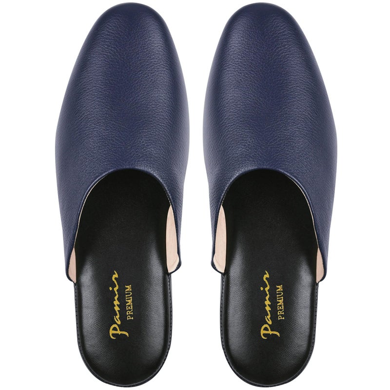 PAMIR Women's Hand-Turned Scuffs, Genuine Leather Indoor House Slippers with Memory Foam Navy Size US 8 - Image 1