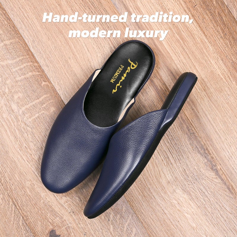 PAMIR Women's Hand-Turned Scuffs, Genuine Leather Indoor House Slippers with Memory Foam Navy Size US 8 - Image 3