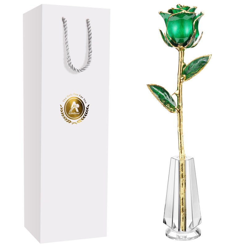 AliveRose 24k Gold Dipped Rose, Gold Rose Made from Real Rose - Unique Design 24K Dipped Rose for Anniversary Valentines Mothers Day Birthday Gifts (Green Original with Crystal Vase) - Image 1